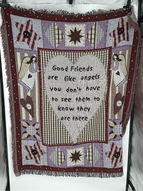 Collections Etc Primitive Country Angel Tapestry Throw Blanket 48x60 Fringe NWT